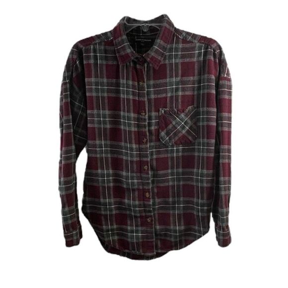 Brandy Melville Gray Burgundy Plaid Flannel Shirt Size OS - Picture 1 of 7